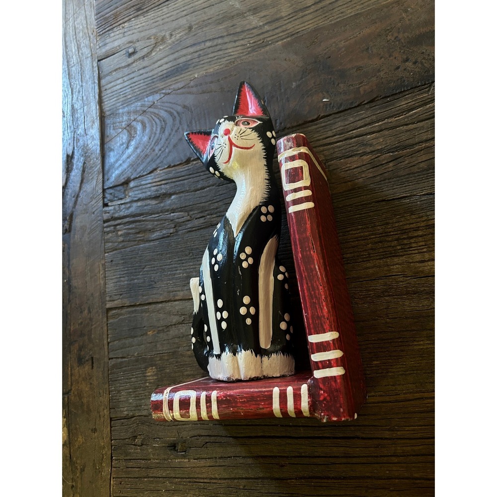 Vintage Indonesian Wooden Cat Bookend Folk Art Black White Cat Shelf Decor - Picture 4 of 9